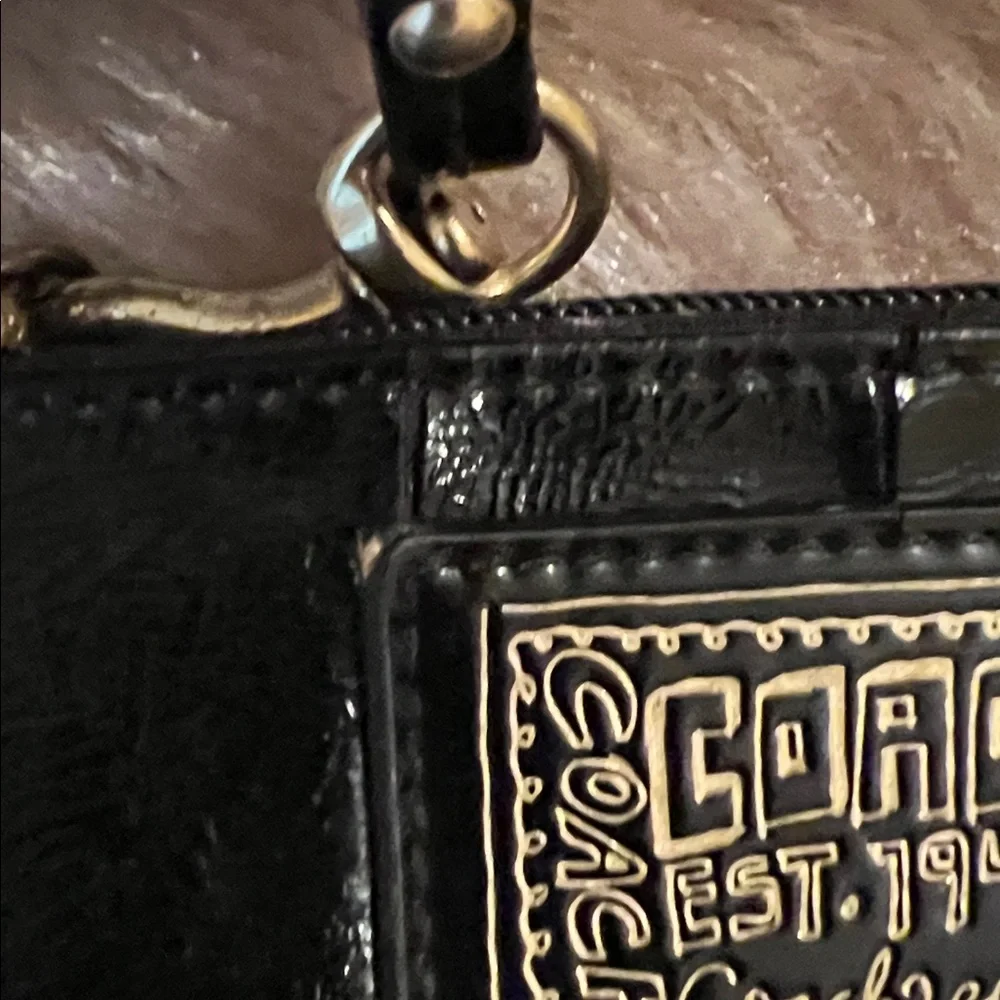 Coach Poppy Black Patent Leather Wristlet with Gold Accents